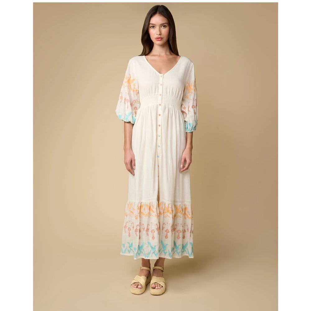 Z&L 100% Cotton Embroidered Boho Maxi Dress Medium White Blue Yellow Mid Sleeve